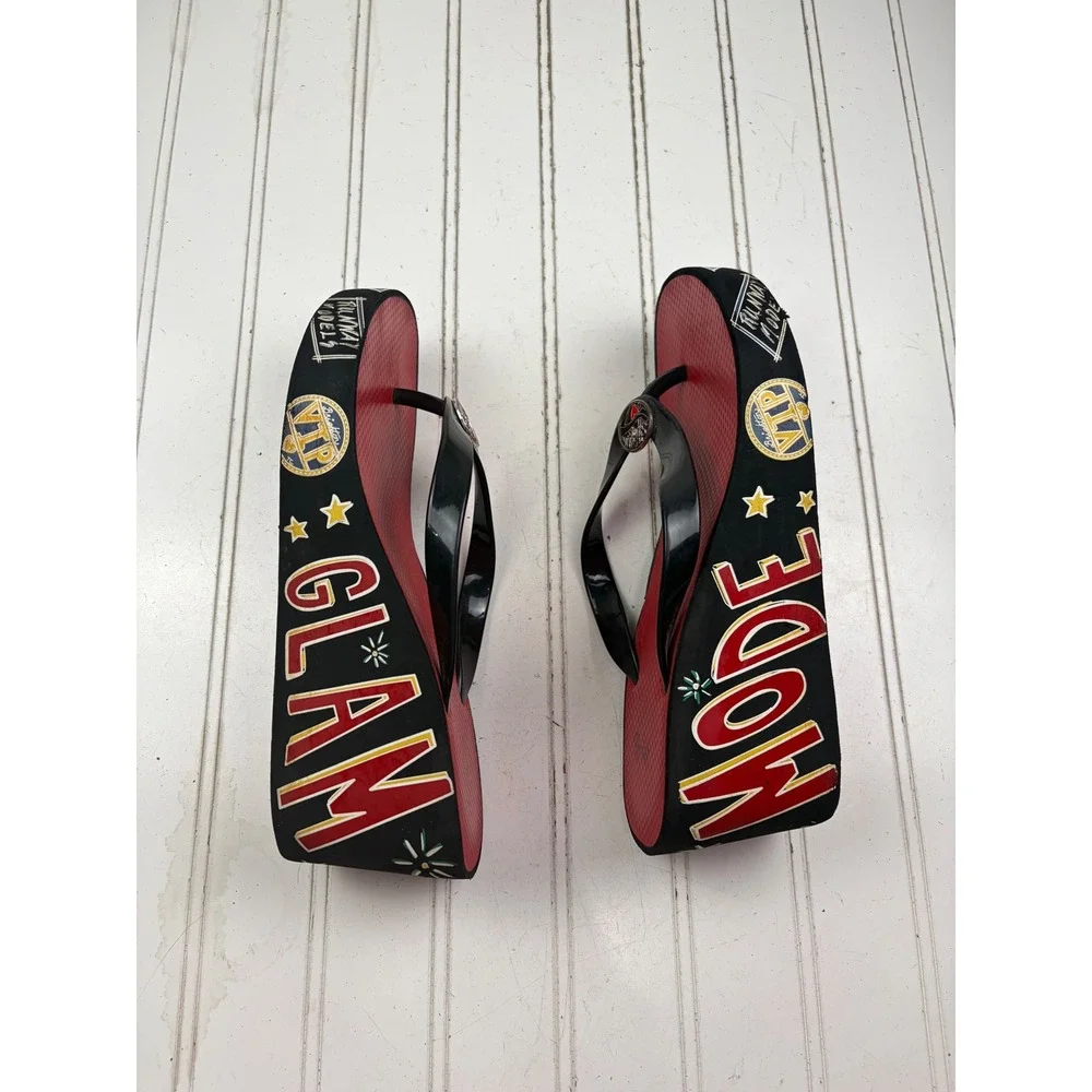 Brighton Vintage Y2K Glam Red Platform Wedge Flip Flops Women's Size 8